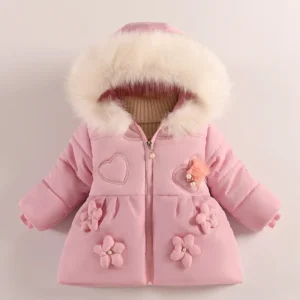 Manteau pour bébé à capuche de fourrure coeur rose ou noir