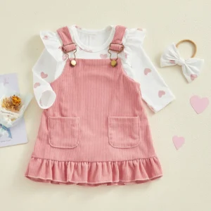 Ensemble bébé fille coeur robe jumpsuit t-shirt et boucle rose et blanc