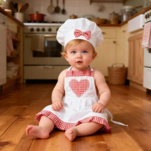 Ensemble de chef bébé coeur à carreaux, toque blanc et rouge